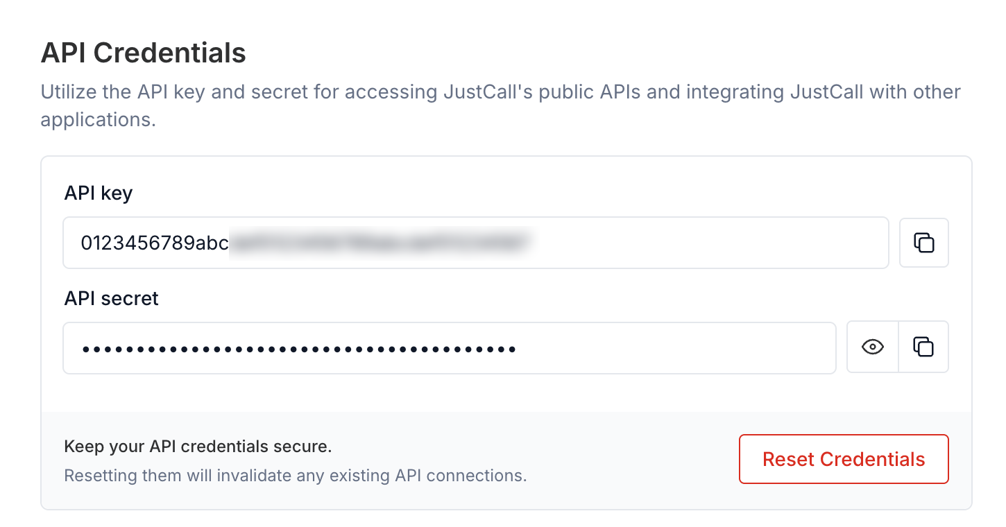 The JustCall API Credentials card, with the API key and the hidden API secret