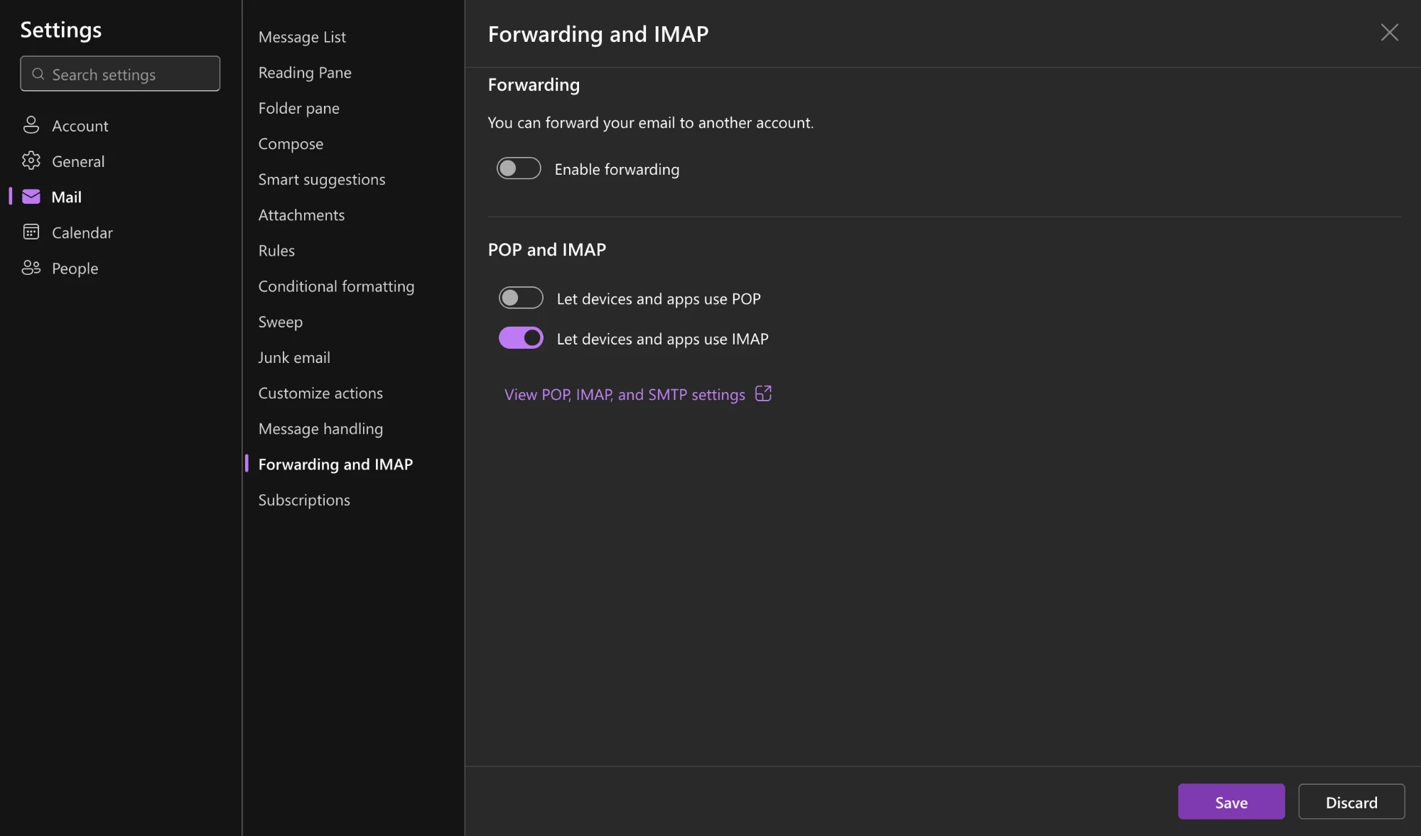 The Forwarding and IMAP settings of Outlook.com, with Let devices and apps use IMAP turned on and the Save button at the bottom right.