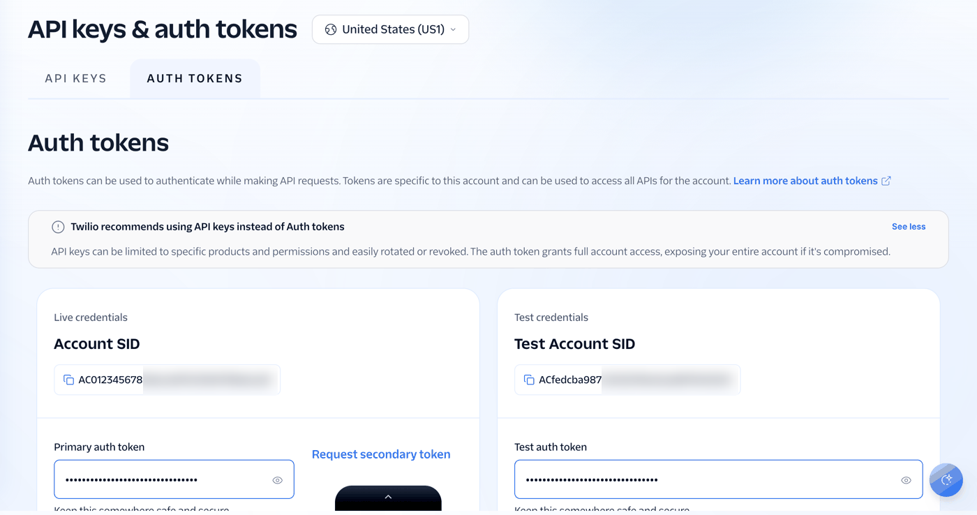 The Twilio Console page for API keys and auth tokens, with the Account SID and the hidden auth token