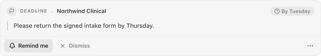 A deadline card, as CommSync shows it in a thread.