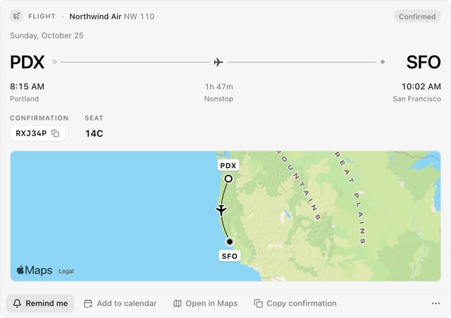 A flight card, as CommSync shows it in a thread.