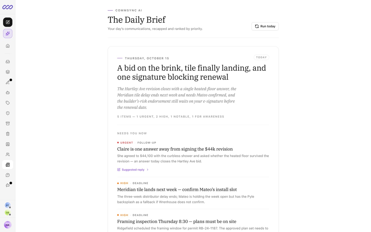The Daily Brief for Thursday, October 15: a headline, a summary, and five ranked items, the first with a suggested reply.