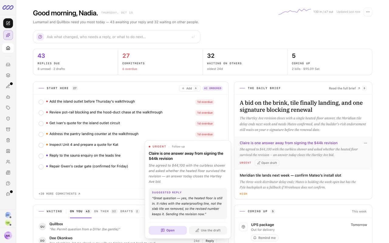CommSync Home: replies due, commitments, who is waiting, and the Daily Brief, with an urgent item opened to its suggested reply.