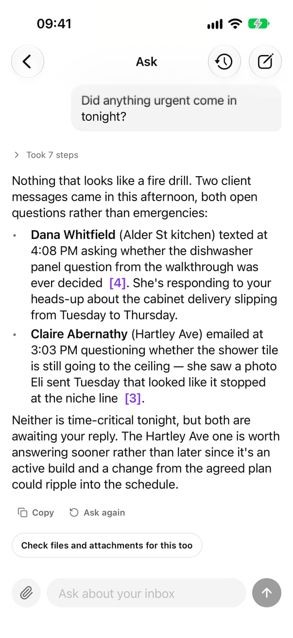 Ask on iPhone, answering with cited messages.