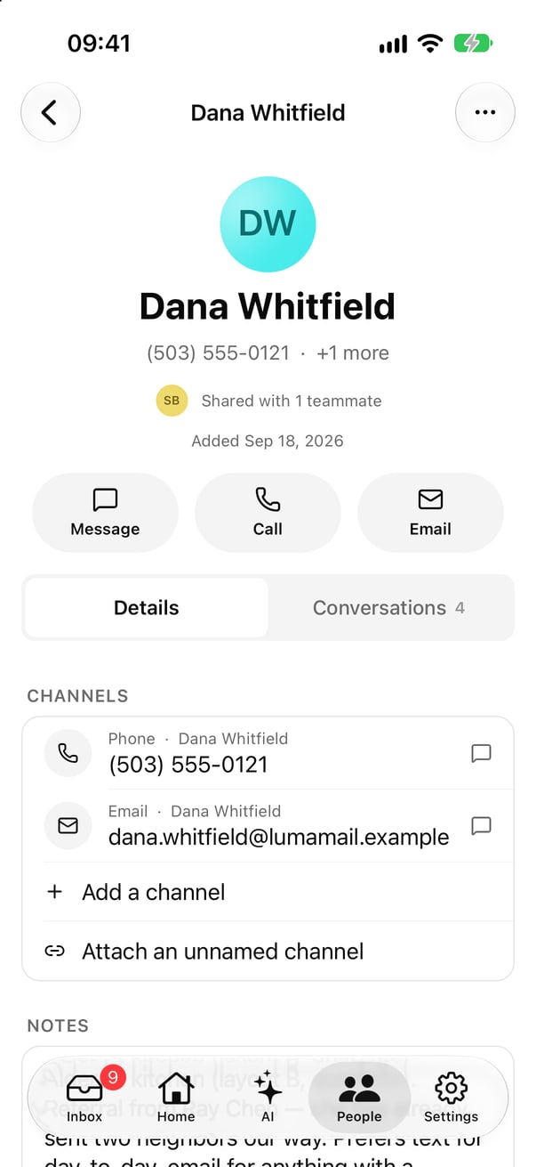 A contact on iPhone, with texts and email together.