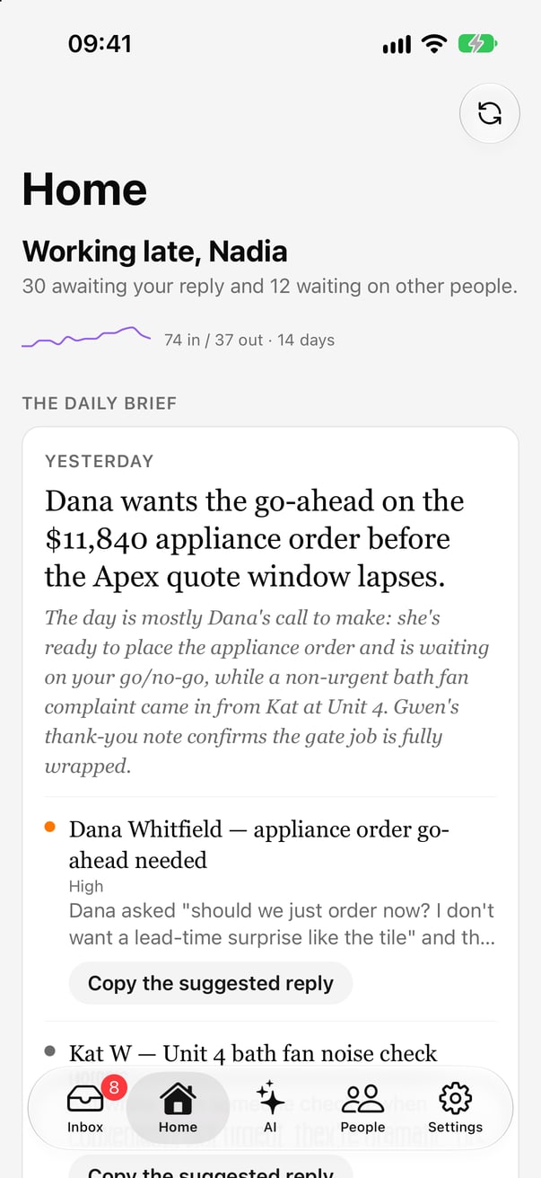 Home on iPhone: to-dos, the Daily Brief, and who is waiting.