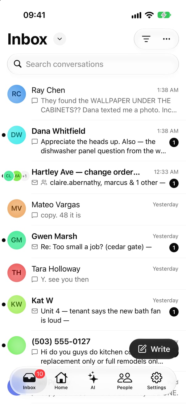 The CommSync inbox on iPhone, with texts and email in one list.