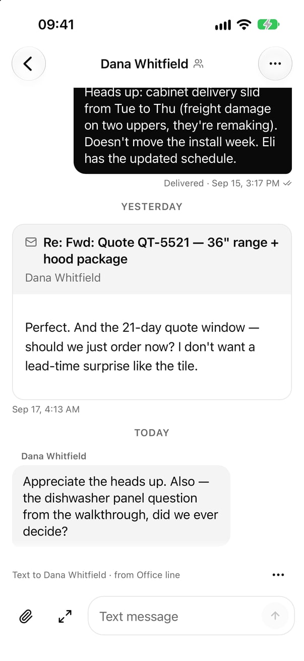 A conversation on iPhone: texts and email from one contact in one thread.