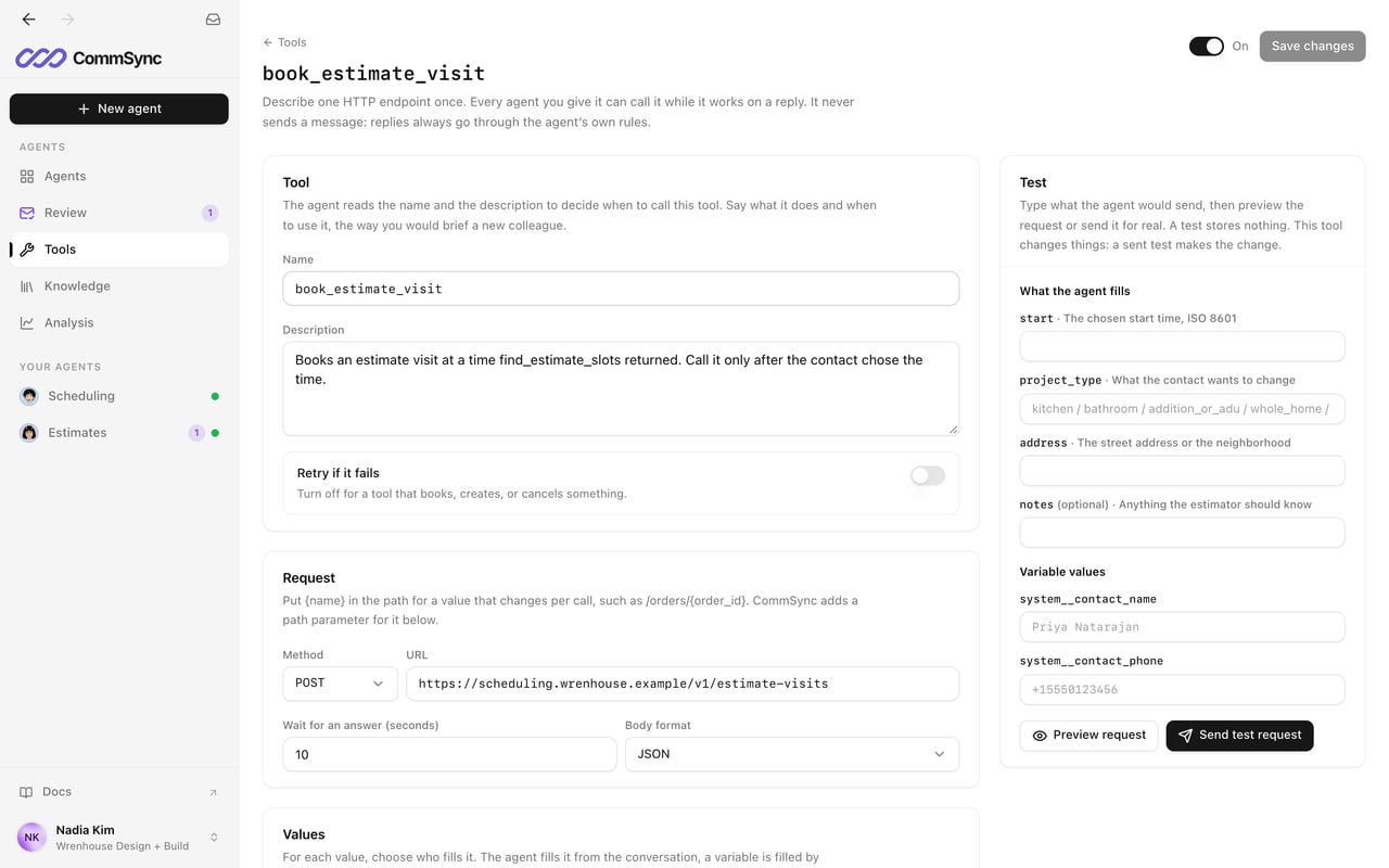The webhook tool editor: book_estimate_visit, a POST to the business’s own scheduling endpoint, with the values the agent fills and a test panel.